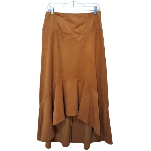 Maeve Cosima Flounced Hem Faux Suede Midi Skirt Sz 6 Gold/Orange - Picture 3 of 9